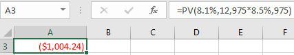 A3 X fac =PV(8.1%,12,975*8.5%,975) в с D E F 3 ($1,004.24)!