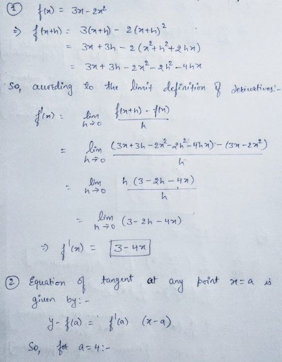 f(x) = 30-201² f(a+h): = 369+h) - 2001+h)? 3a + 3h-2 (2²+4² +2 ha) 32+ 3h-n²-27 -4 ha So, auoeding to the limit definition of