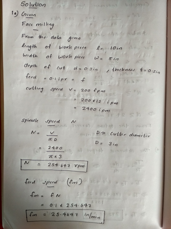 Sinano Solution 1a) Given Mo Face milling From the data given lingth of work plece width of work piece Wito hold e- loin oto