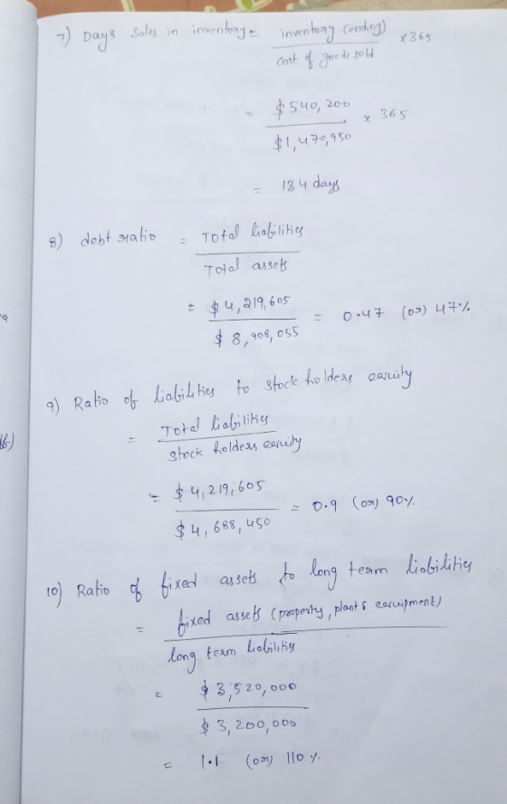 7) Days Sales in inventory = inventory (ending 365 cost of goods sold $540, 200 x 365 $1,470,950 = 134 days 8) debt ratio - T