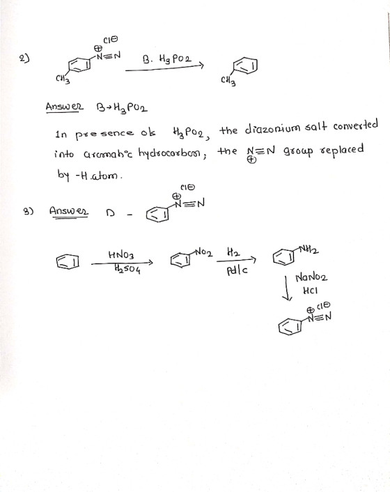 YNEN B. Hz P02 CH2 Answer B&H₂PO2 in presence ols Hypoq, the diazonium salt converted into arcomabºc hydrocarbon; the NaN gro