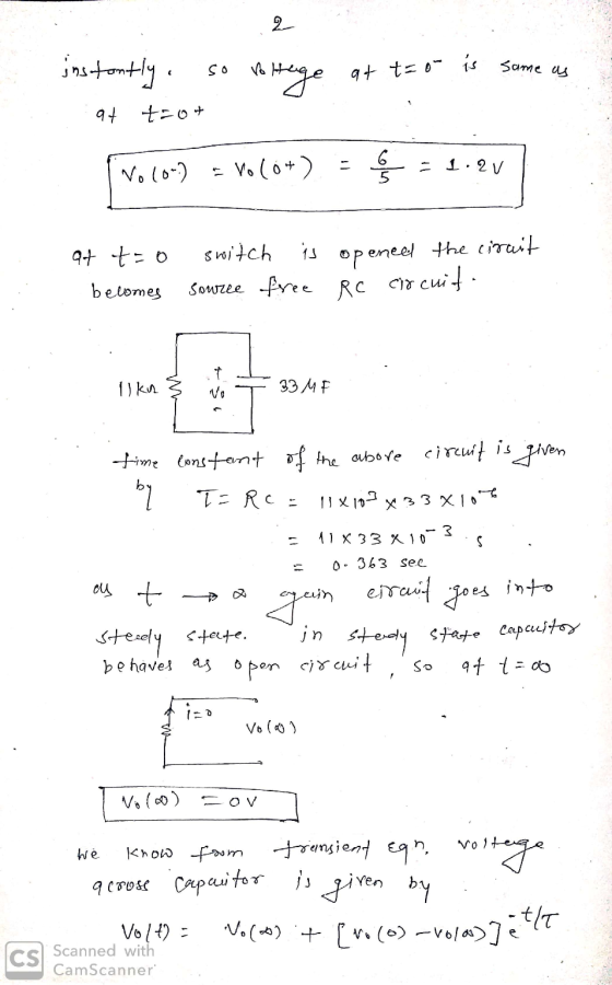 jos tontly, so no Hege at to do is same as at t=0+ Voco-) = V0 10+) = @= 1.2v1 at t=o becomes switch is source free opened th