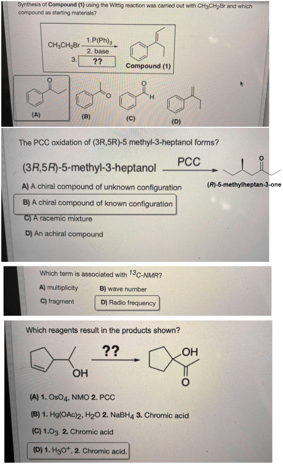 Synthesis of Compound (1) using the Wittig reaction was carried out with CH3CH2Br and which compound as starting materials? 1