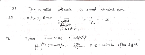 23. This is called calibration on stand standard curve. 25. antibody ti tena - greatest dilution len velit with activity 26.