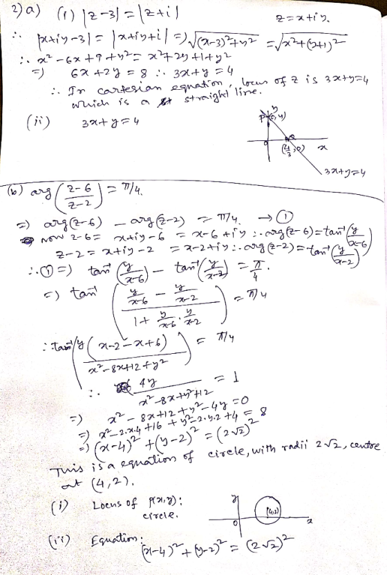 - 2) a) (1) 12-3)=|ztil z=xtiya :: petiy-31= 1xtinti / ) Ja-3)?+32 -7546341Z x² - 6x + 9 +2= x+2y tity? = 6x +2y = 8 :. 32+y