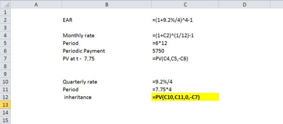 EAR =(1+9.2%/4)^4-1 Inmt Monthly rate Period Periodic Payment PV at t - 7.75 =(1+C2)^(1/12)-1 =6*12 5750 =PV(C4,C5,-C6) 7 10