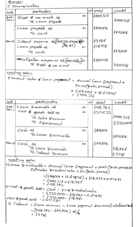 Answer:- Journal entries TIF bebit credit Date particulars |$400,316 2021 Right of use assets Ale $400,316 заи-1 To Leare pay