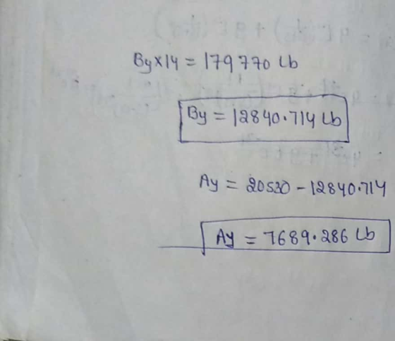 By x14 = 1797 70 lb By = 12840.714 Lb Ay = 20530 - 12840.714 Ay = 7689.286 Lb