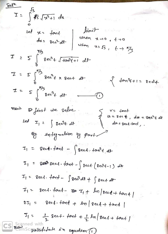 Soln I- & (x²+1 da limit Let x= tant cohen do drea 8ec-ol- when x= f, txt The I : 5 8ec²t I tontti It tyo 1 73 S see? t x sea