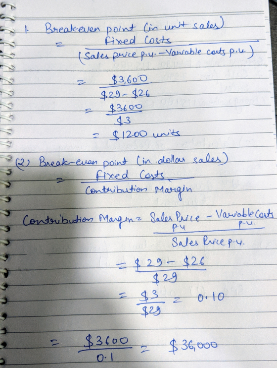 Break-even point (in unt sales fixed Coste (sales price p.4. -Yarrable carts piu) 6722271242h s $3,600 $29-$26 $3600 $3 $1200