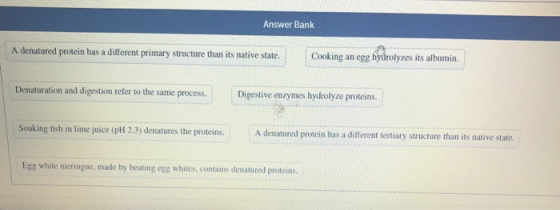 Answer Bank A denatured protein has a different primary structure than its native state. Cooking an egg hydrolyzes its albumi