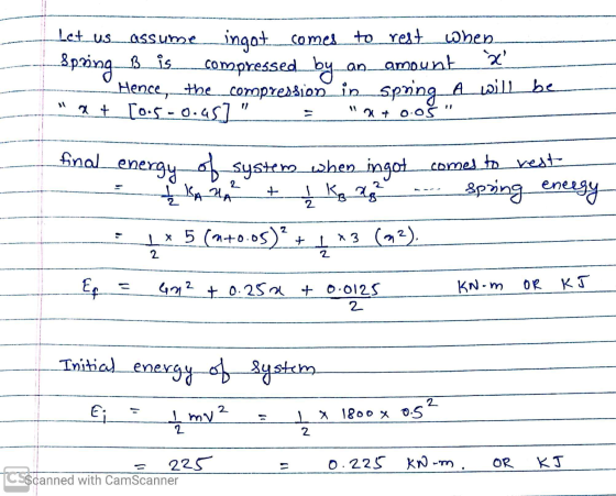 Let us assume Spring 2 + 0.05 ingot comes to rest when Bis compressed by an_amount x Hence, the..compression in__spring_A_wi