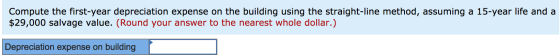 Compute the first-year depreciation expense on the building using the straight-line method, assuming a 15-year life and a $29