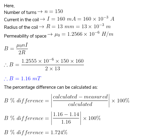 Here, Number of turns →n= 150 Current in the coil + 1 = 160 mA = 160 x 10-3 A Radius of the coil R= 13 mm = 13 x 10-3 m Perme