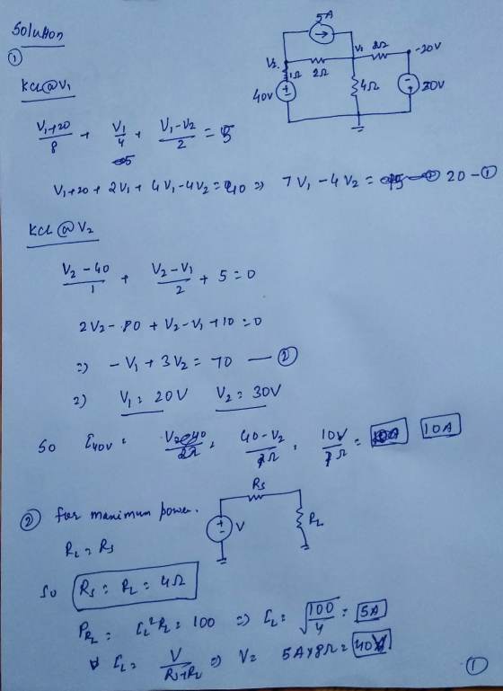 Solution Vis -20V ww W. 1 22 ka@ni 242 20V 4ov V, 720 8 V, z = 5 V, +20 + 2014 GV, UV₂ = 40 2 7 V, - 4 V2 = a 20-0 kel @ V₂ V