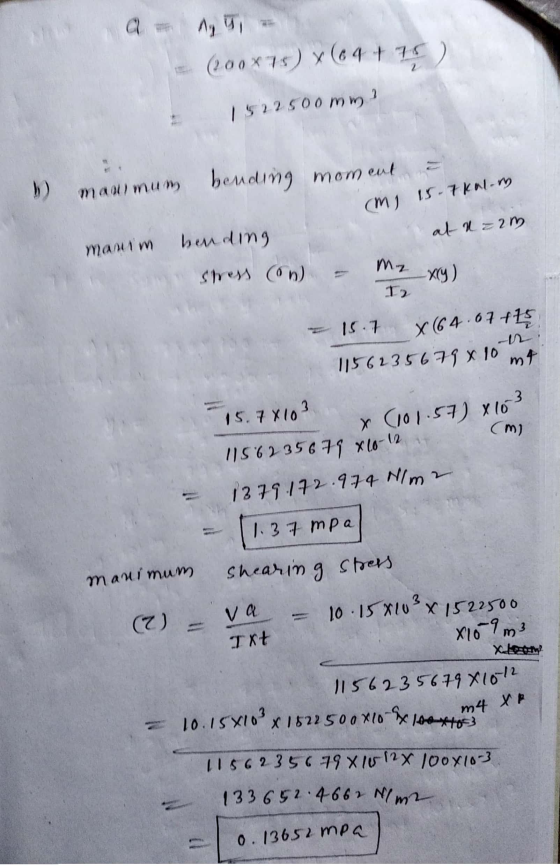 A # G # (200*75) X(64+75) |$22500 mm b) maamum bendung moment = (m) 15-7kalom at n = 20 manim bending stress (on) - Mz xy) =