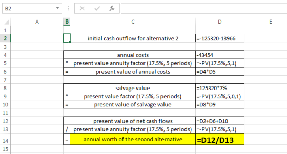 fox A D Е 1 2 initial cash outflow for alternative 2 -125320-13966 -43454 annual costs 4 present value annuity factor (17.5%,