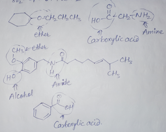 O=CH₂ CH₂ CH3 l C- CHENH2) ether Amine CH2c ether M Carboxylic acid CHE CH₂ CHO Alcohol Carboxylic acid.