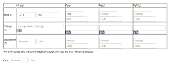 NH3(9) 02(9) N2(9) H20(9) Initial (1) 015 mol mol .015 Number Number mol Units Units Change 4*X = (4*(9.8*(10^(-4)))) (C) Equ