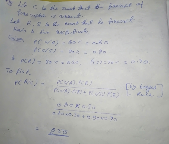 1 Cbfe evenk hat e tore coptor is corect Let RSh a event ha Ra forecact Rain b Ln Des fa ivaly PC SR)-&o o.So PCC/s) =90= Gi