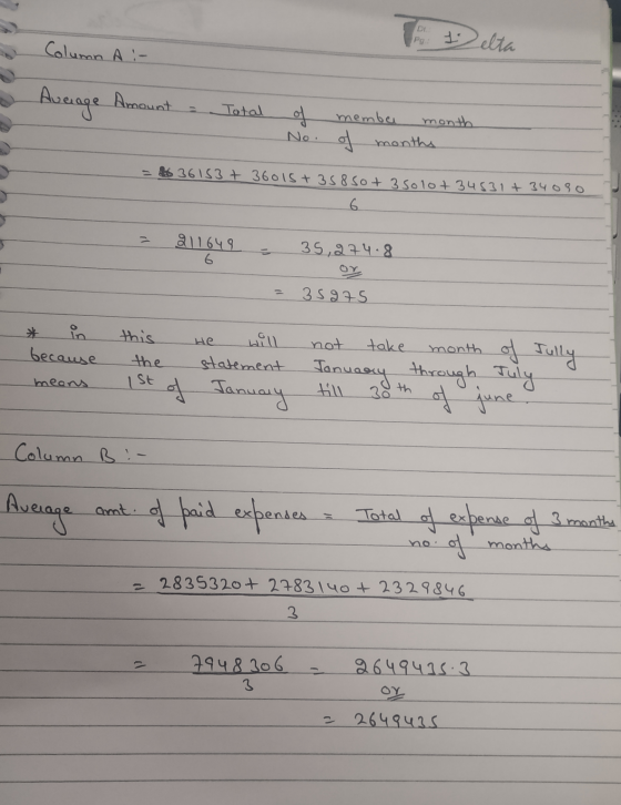 DI Pg i elta Column A :- 2 Average Amount a Total of 앙 memba month No. of months = 36153 + 36015 + 358 50+ 3 5010+ 34531+ 340