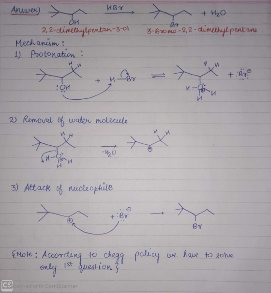 Answer) HBr ^ + H₂O B-Bromo -2,2-dimethylpent ane Bu - OH 2,2-dimethylpentan-3-01 Mechanism : 1) Protonation : > Hlor - 7 + B