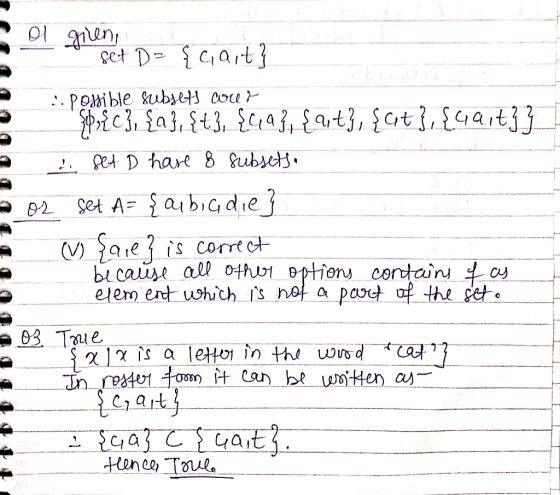 al giren set D = {cait} • Possible subsets corer Şp{C}, {9},{+3, {9931 {at}, {at}, { Gart3 2 . Set D hare & subsets. 2 or Set