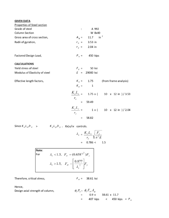 GIVEN DATA Properties of Steel section Grade of steel Column Section Gross area of cross section, Radii of gyration, A 992 W