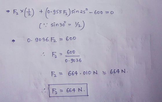 F,x(+) + -6000 (0.95 •955 F2) sin 25° – 600 = (: sin 30º = y2) O. 9036 F2 = 600 600 .. F 0.9036 F2 = 664.0lON & 664 N. F = 6