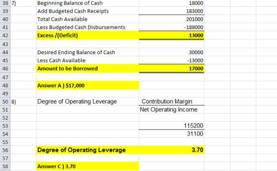 Beginning Balance of Cash Add Budgeted Cash Receipts 38 7) 18000 39 183000 Total Cash Available 201000 40 Less Budgeted Cash