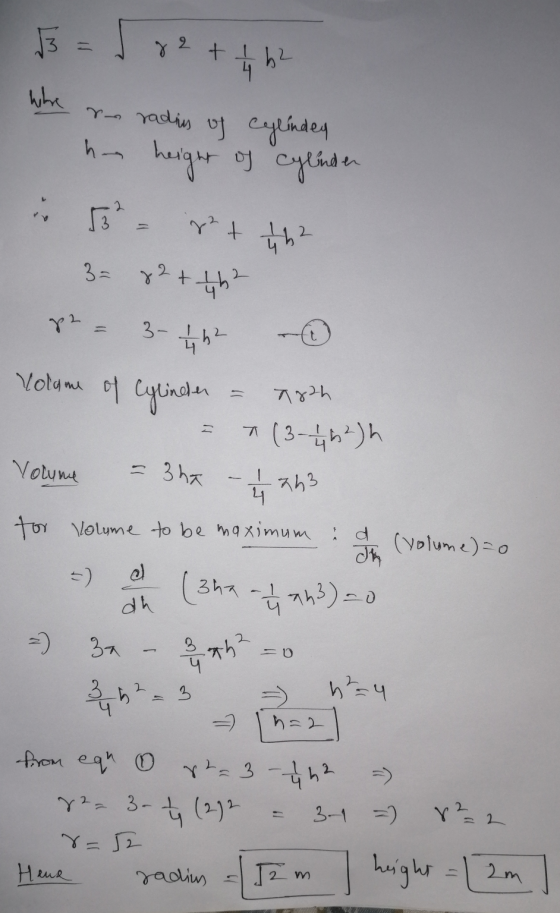 13 get where 2 + + ro radies of cylindey he height of cylinder 53? 22 + 462 3= 82 + the p2 3- the Volume of Cylinder 782h Vol