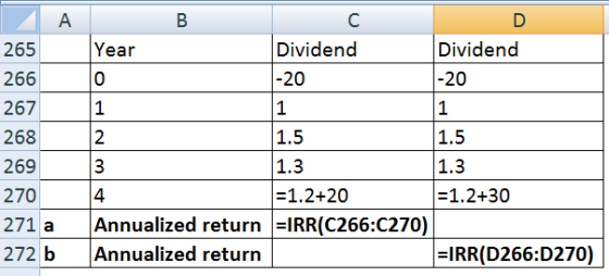 A 265 266 -20 -20 267 1.5 268 269 Year Dividend Dividend JO 1 1 1.5 1.3 1.3 = 1.2+20 =1.2+30 Annualized return =IRR(C266:C270