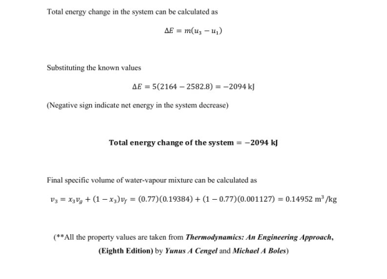 Total energy change in the system can be calculated as AE = m(uz - u) Substituting the known values AE = 5(2164 - 2582.8) = -