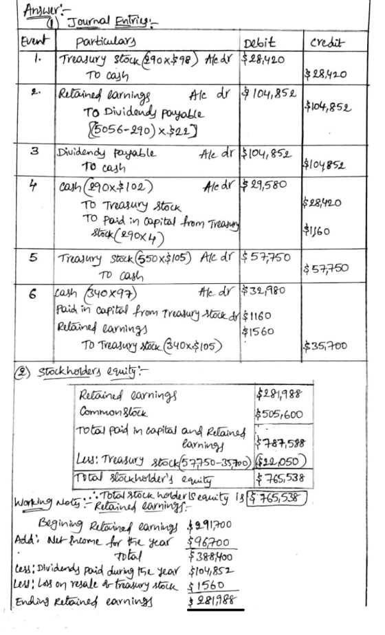 To cash Answer: a Journal Entrings Event | particulary Debit credit 1. Treasury stock (490x$98) Alear $28,420 To cash $ 28,42