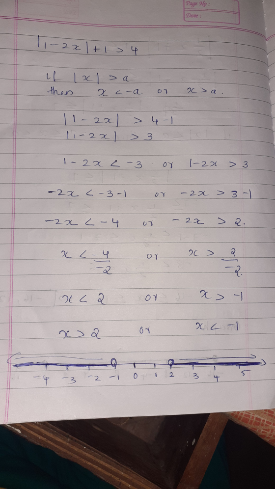 Page : 1-2xltis 4 if loc l>a then x ana ca. 11 - 2x) > 4-1 11-2x) > 3 - 2x 2 - 3 or 1-20 > 3 -2x <-3-1 ΟΥ 22 > 3-1 - 2x 2 - 4