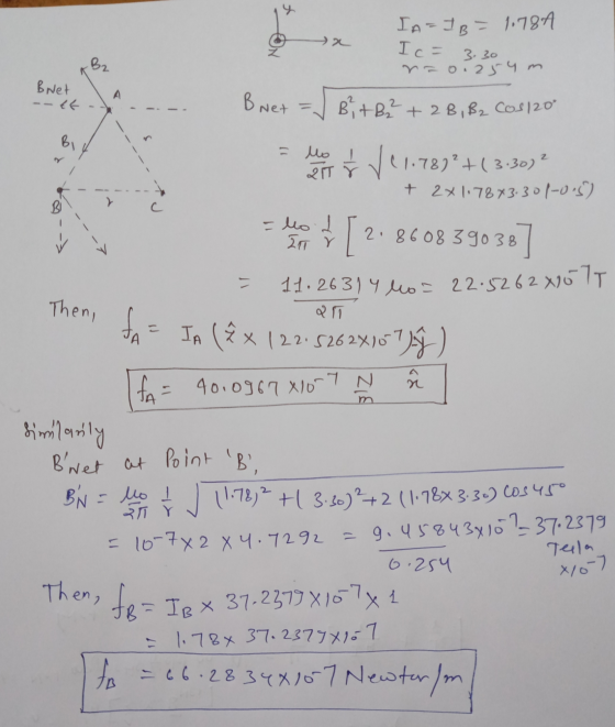 y I A=IB= 1.78A ta Ic= 3.30 B2 nao.254 m Bret A Bnet = √ Bit 82 + 2B, B2 Cos120° V41.789? +(3:30) Bi صيد = 2 QIT F + 2x1.78X3