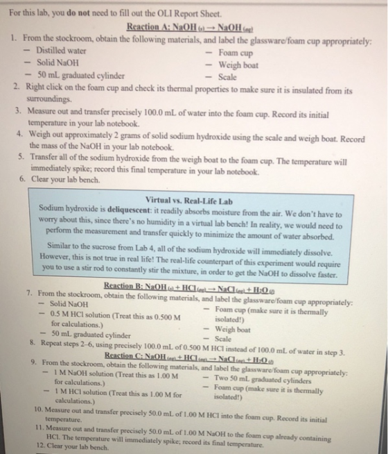 For this lab, you do not need to fill out the OLI Report Sheet. Reaction A: NaOH(-) -- NaOH 1. From the stockroom, obtain the