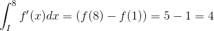 \int_{I}^{8}f'(x){dx}=\left ( f(8)-f(1) \right ) = 5 - 1 = 4