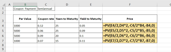 A DE в с Coupon Payment Semiannual Par Value Coupon rate Years to Maturity Yield to Maturity Price 0.12 25 0.05 =PV(E4/2,D4*2