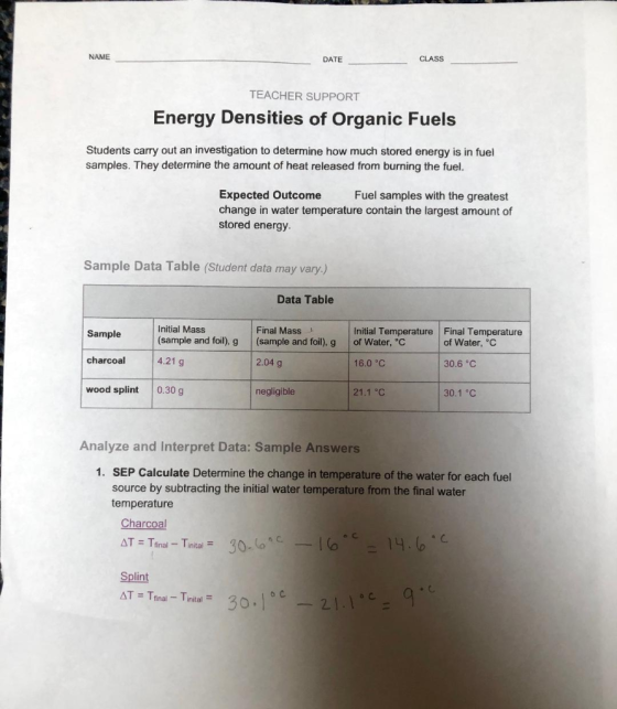 NAME DATE CLASS TEACHER SUPPORT Energy Densities of Organic Fuels Students carry out an investigation to determine how much s