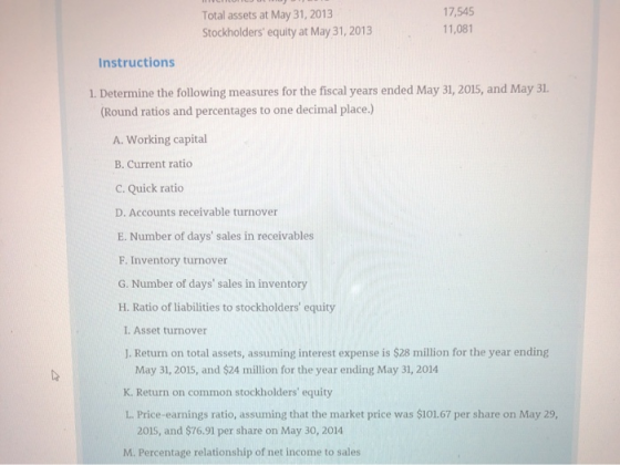 17,545 Total assets at May 31, 2013 11,081 Stockholders equity at May 31, 2013 Instructions 1. Determine the following measu
