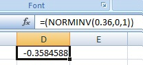 Font た! =(NORMINV(036,0,1)) 0.3584588