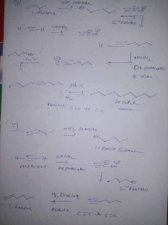 HBr percaide s Br 1-Butene Sur Reactan H-I-4 Nanho. H MONH₂ De protenaton of acidic n panc H2 Reduucic to cc De cate A Br pe