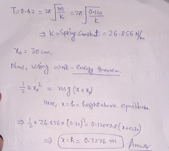 T=0.42=20 m -या 0.120 K > Kaspring Constant =26.856 5 N/m Xo= 30cm, Now, using work- energy theorem. - 2 xx? - mg (x+4) Here,