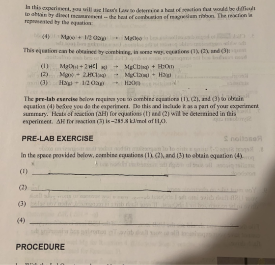 In this experiment, you will use Hesss Law to determine a heat of reaction that would be difficult to obtain by direct measu