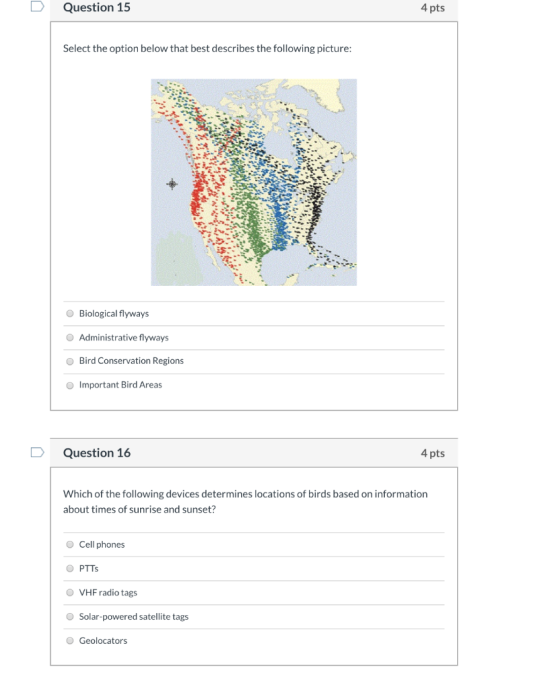 D Question 15 4 pts Select the option below that best describes the following picture: Biological flyways Administrative flyw