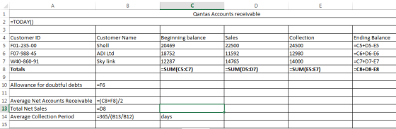B Qantas Accounts receivable 2 =TODAY() Ending Balance |=C5+D5-E5 Beginning balance 20469 Sales Collection 4 Customer ID Cust