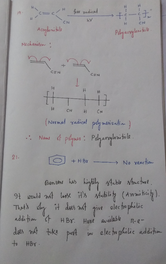 free radical I-U- hr CN CN I Acrylonitrile Polyacrylonitrile. Mechanism: CEN CEN ни H CNH CN (Normal radical polymerisation)