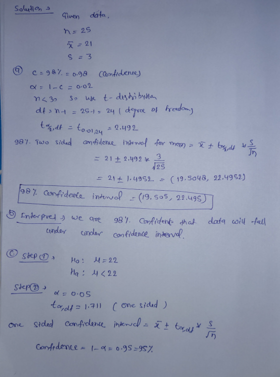 n=25 S2 tooliny ulla sided confidence internal = ă ţ toodd solution Given data, ū=21 s=3 c=98% = 0.98 (Confidence) Q- 1-C = 0