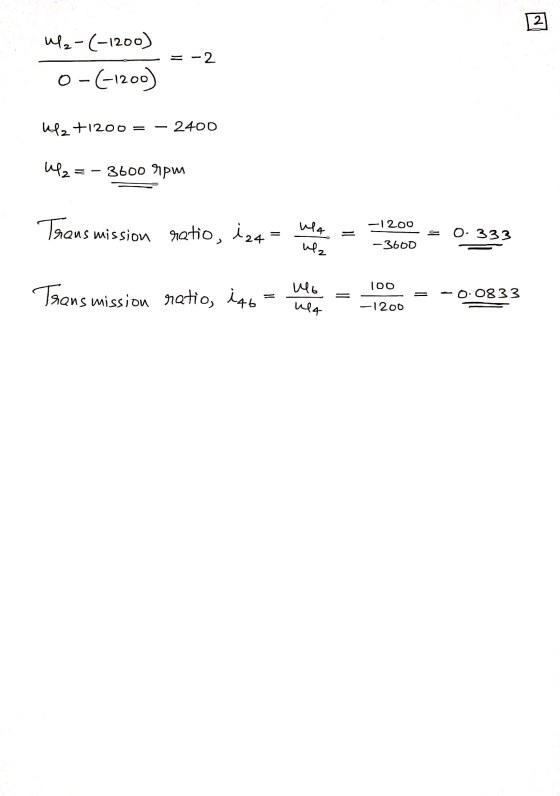 W2-(-1200) o-(-1200) = -2 uz +1200 = – 2400 2= - 3600 rpm Transmission _ -1200 = 0.333 ratio, i24 = we = -3600 W 3600 Trans m